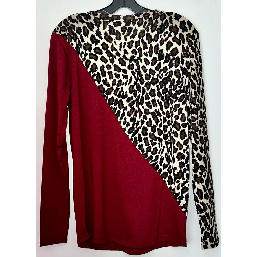 Sunshine & Rodeos Maroon & Leopard Color Block Top ~ S - Picture 2 of 2